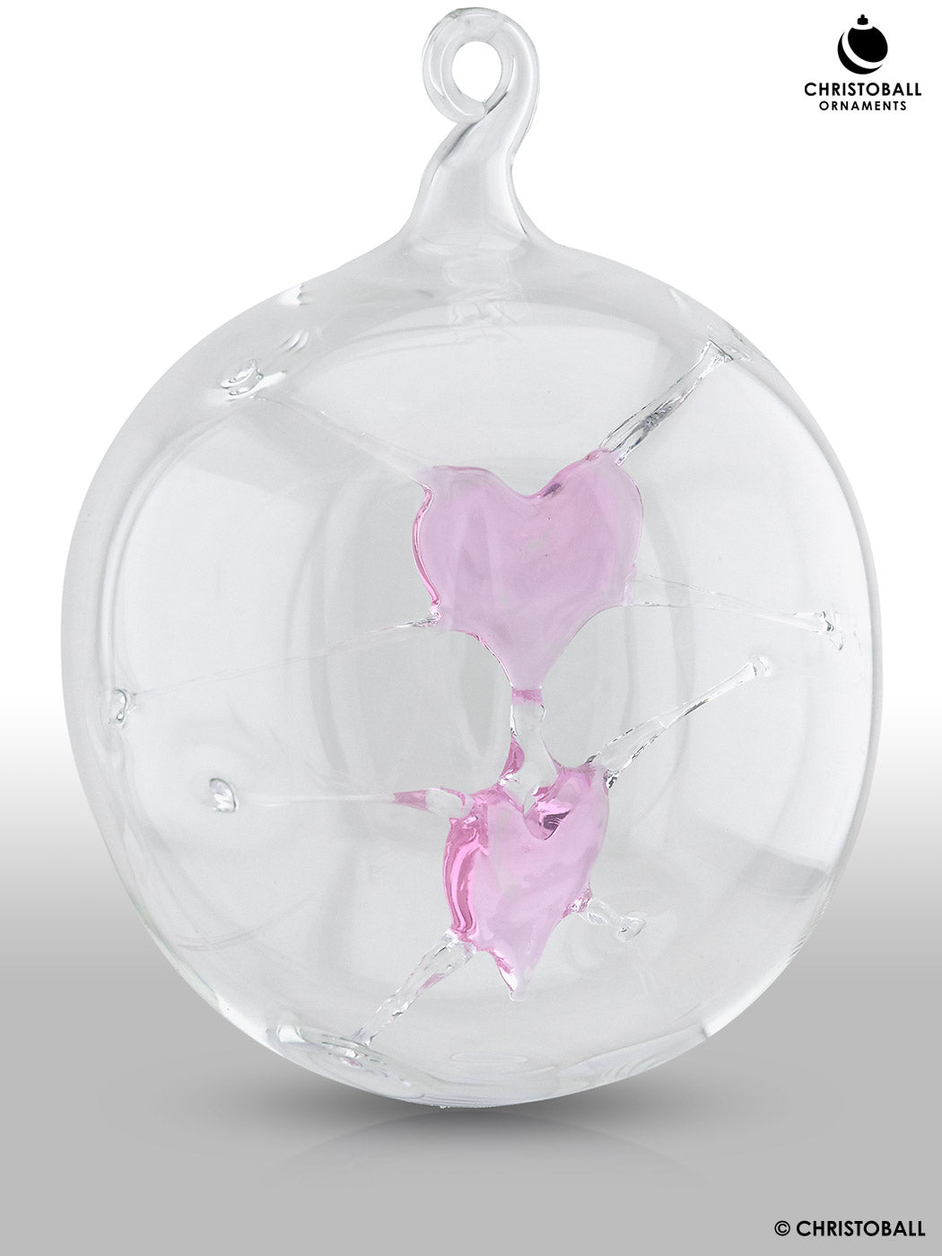 Glaskunst - Glaskugel mit 2 Herzen XL Blossom-Rosa