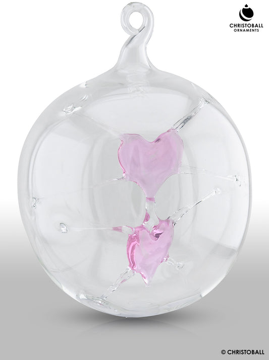 Glaskunst - Glaskugel mit 2 Herzen XL Blossom-Rosa