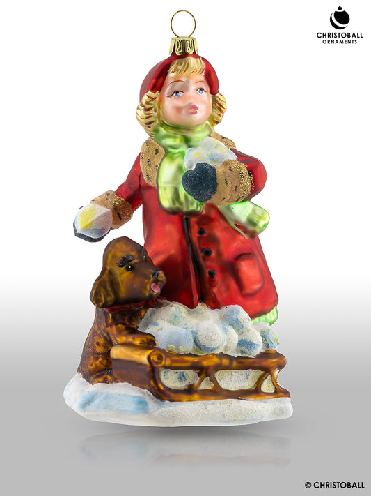 Viktorianische Kollektion - Mädchen mit Schneebällen und einem Hund